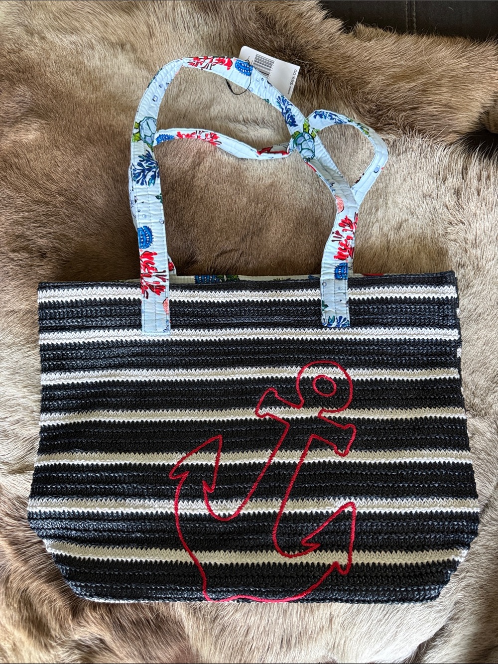 Vera Bradley Navy & White Striped Tote with Red Anchor and marine handles